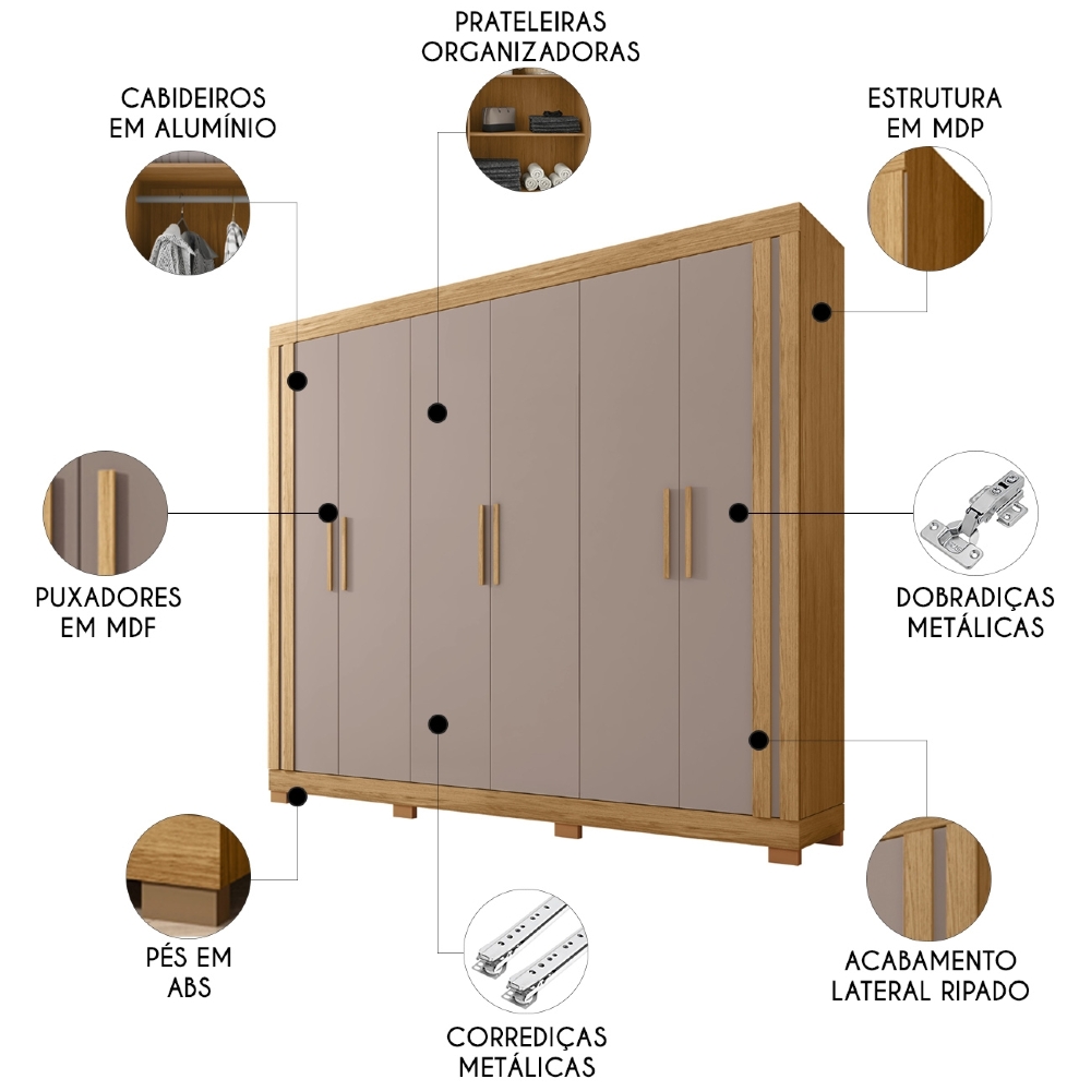 Guarda Roupa Casal 230cm Com 6 Portas Brasid Mel/Cacao C01 - Mpozenato