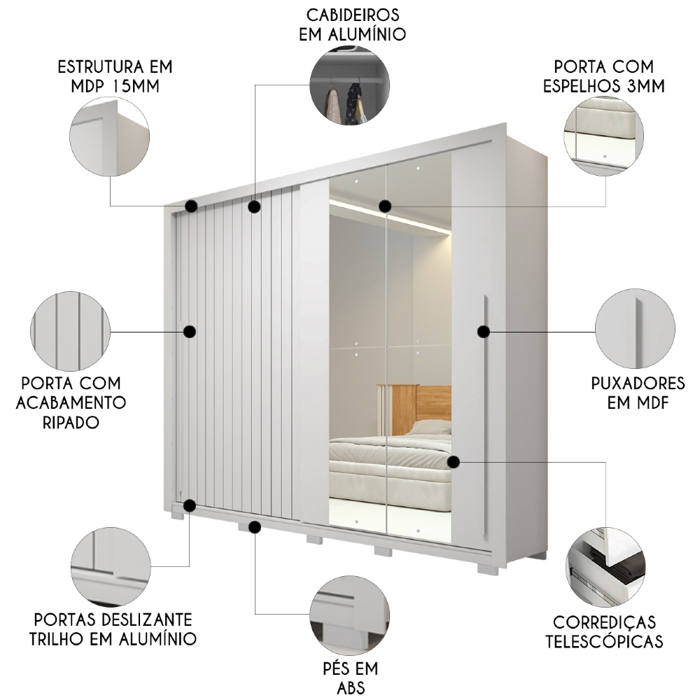 Guarda Roupa Casal 245cm Com Espelho Scipio Branco C01 - Mpozenato