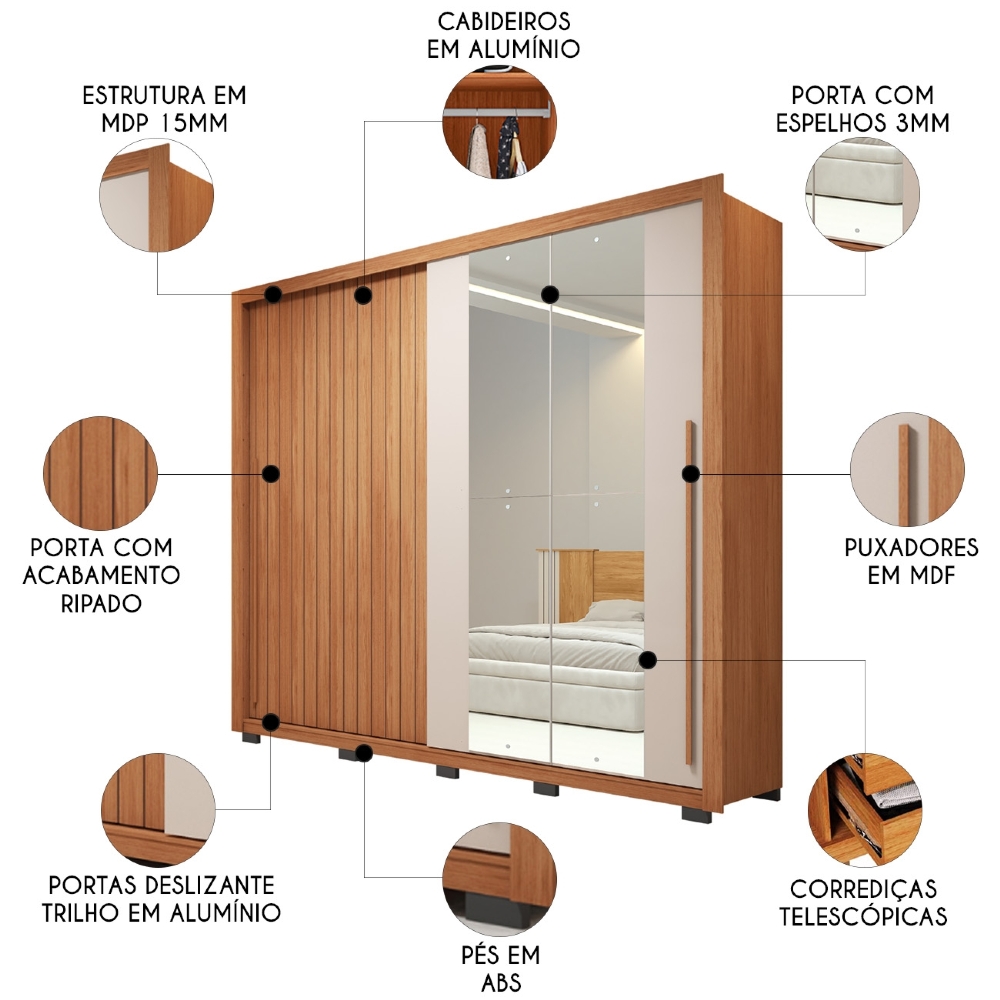 Guarda Roupa Casal 245cm Com Espelho Scipio Freijó/Off C01 - Mpozenato