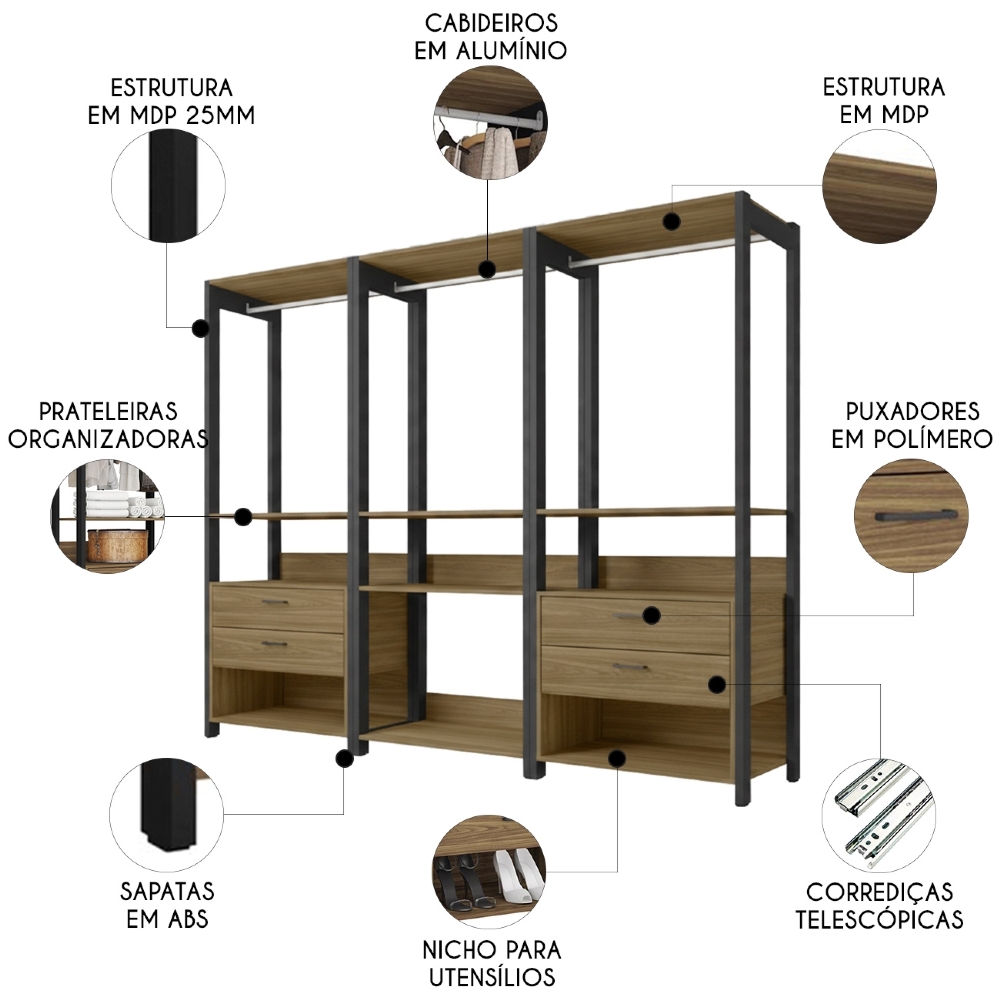 Guarda Roupa Casal Closet 219cm 4 Gavetas Una Mel/Preto C01 - Mpozenato