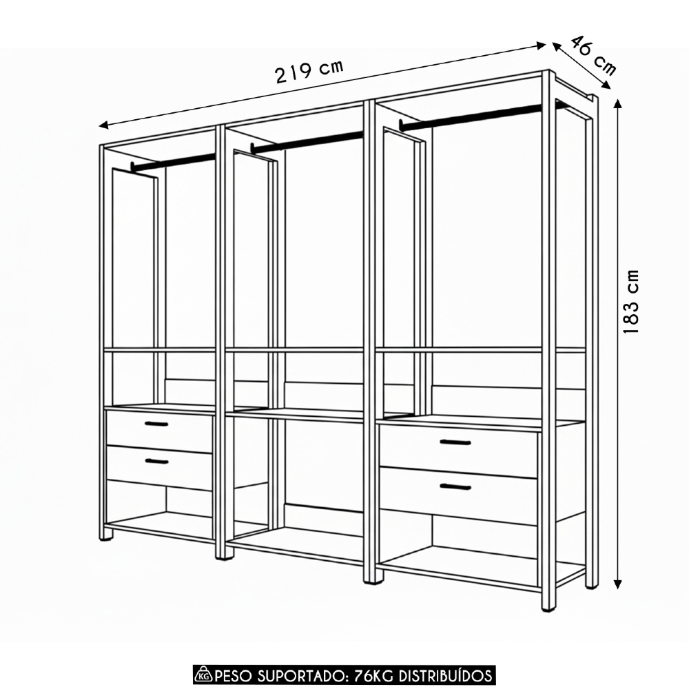 Guarda Roupa Casal Closet 219cm 4 Gavetas Una Mel/Preto C01 - Mpozenato