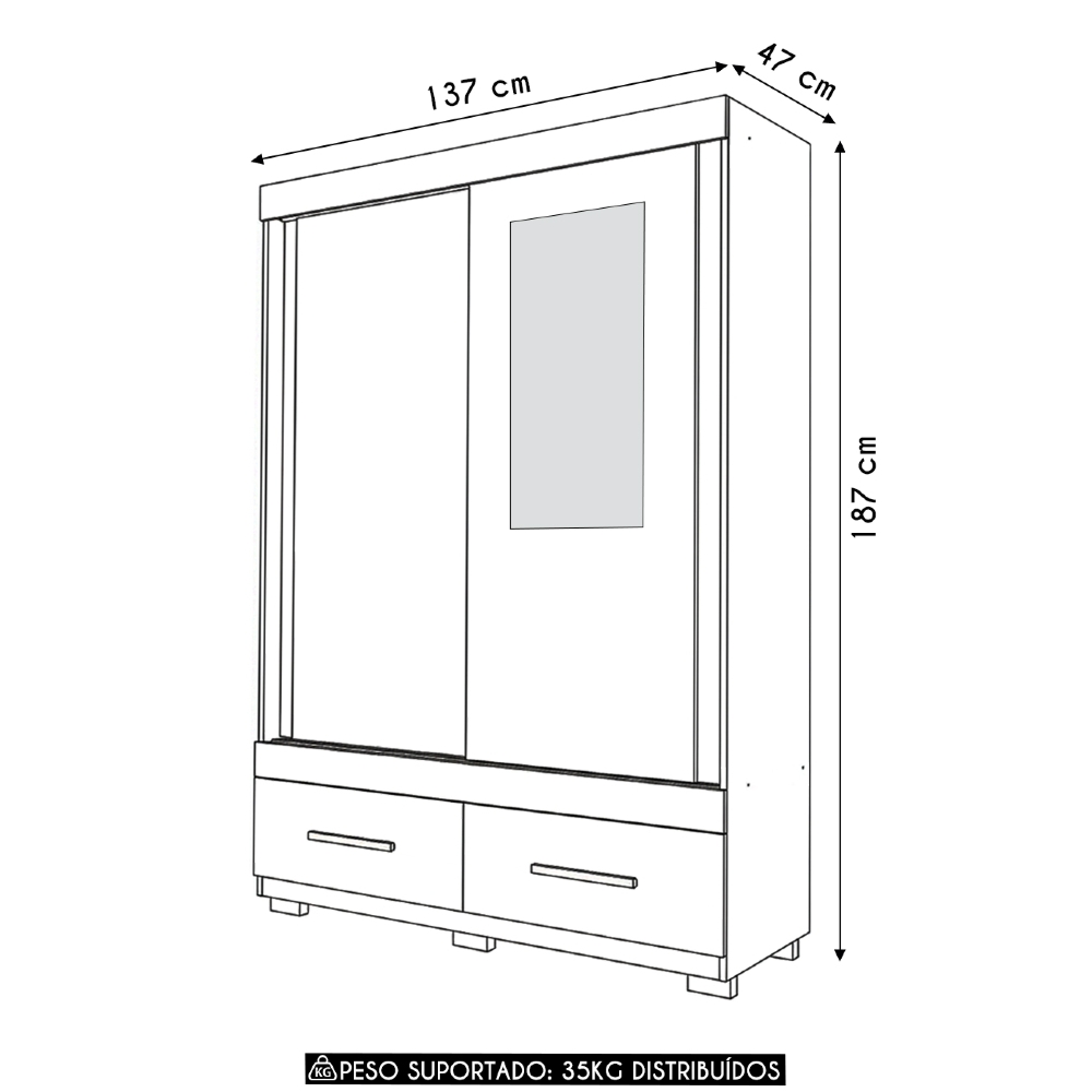 Guarda Roupa Solteiro 137cm 2 Portas Espelho Darius Branco C01 - Mpozenato