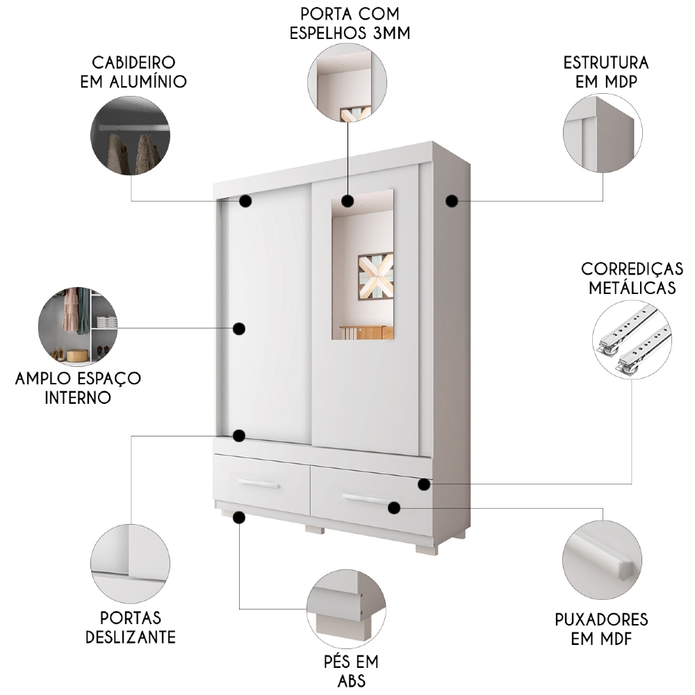 Guarda Roupa Solteiro 137cm 2 Portas Espelho Darius Branco C01 - Mpozenato