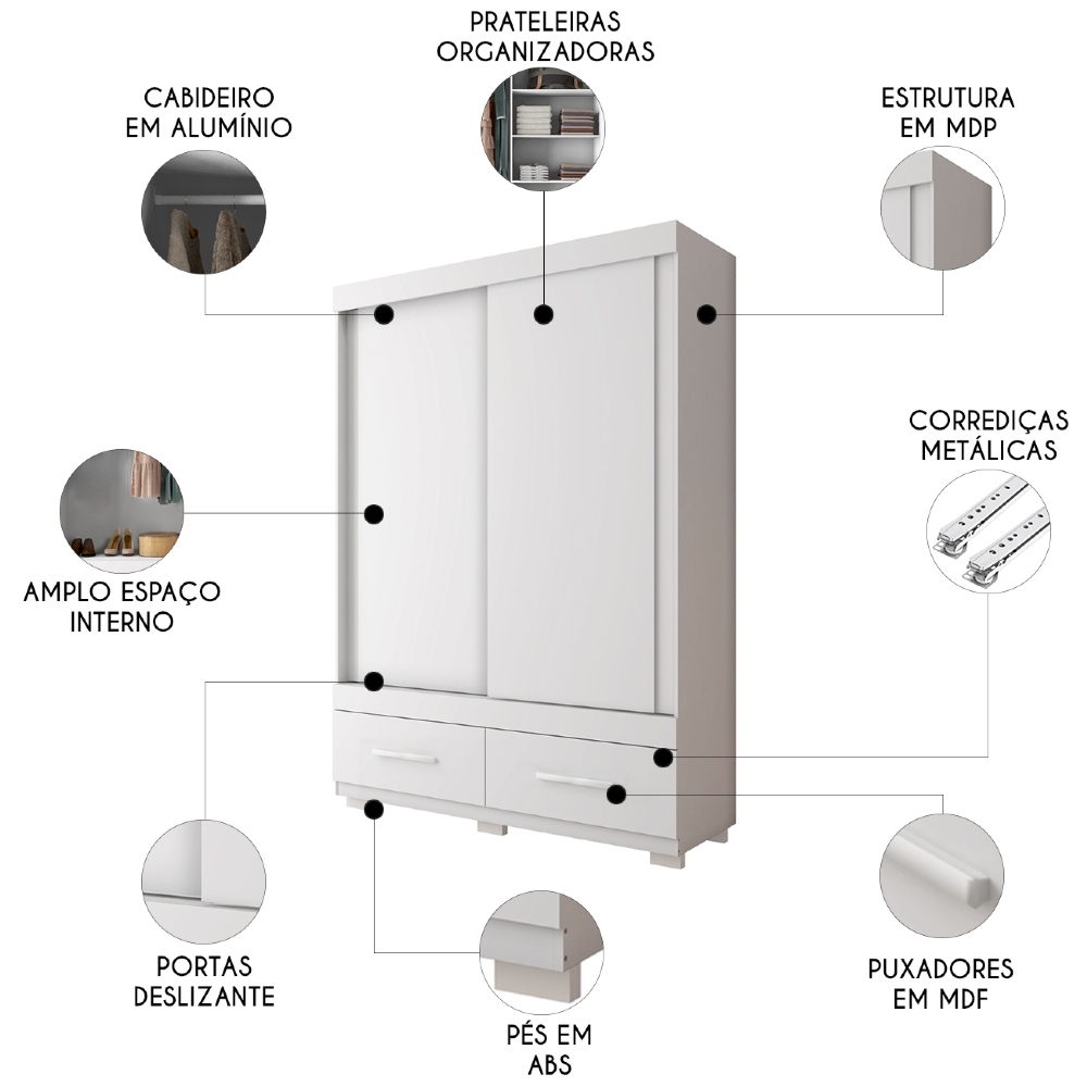 Guarda Roupa Solteiro 137cm Com 2 Portas Darius Branco C01 - Mpozenato