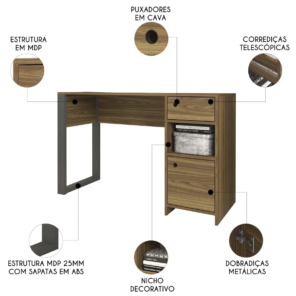 Mesa Para Computador Escrivaninha 125cm 1 Gaveta Una Mel C01 - Mpozenato