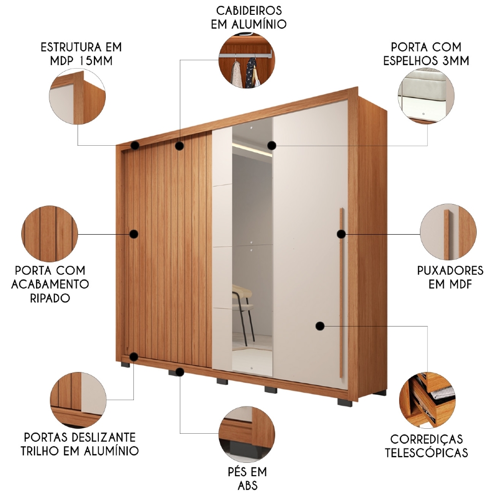 Guarda Roupa Casal 245cm 2 Portas Espelho Scipio Freijó/Off C01 - Mpozenato
