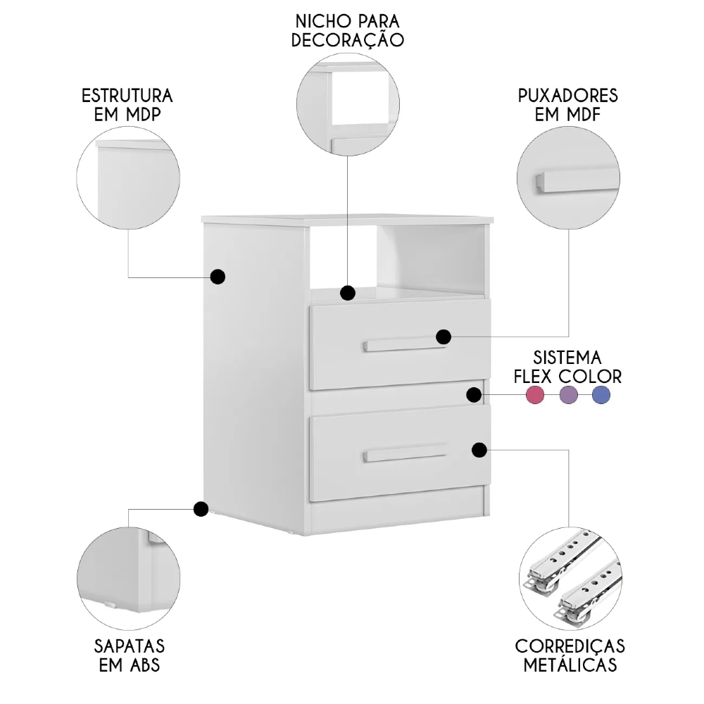 Mesa de Cabeceira 2 Gavetas Apolo Flex Branco - Moval