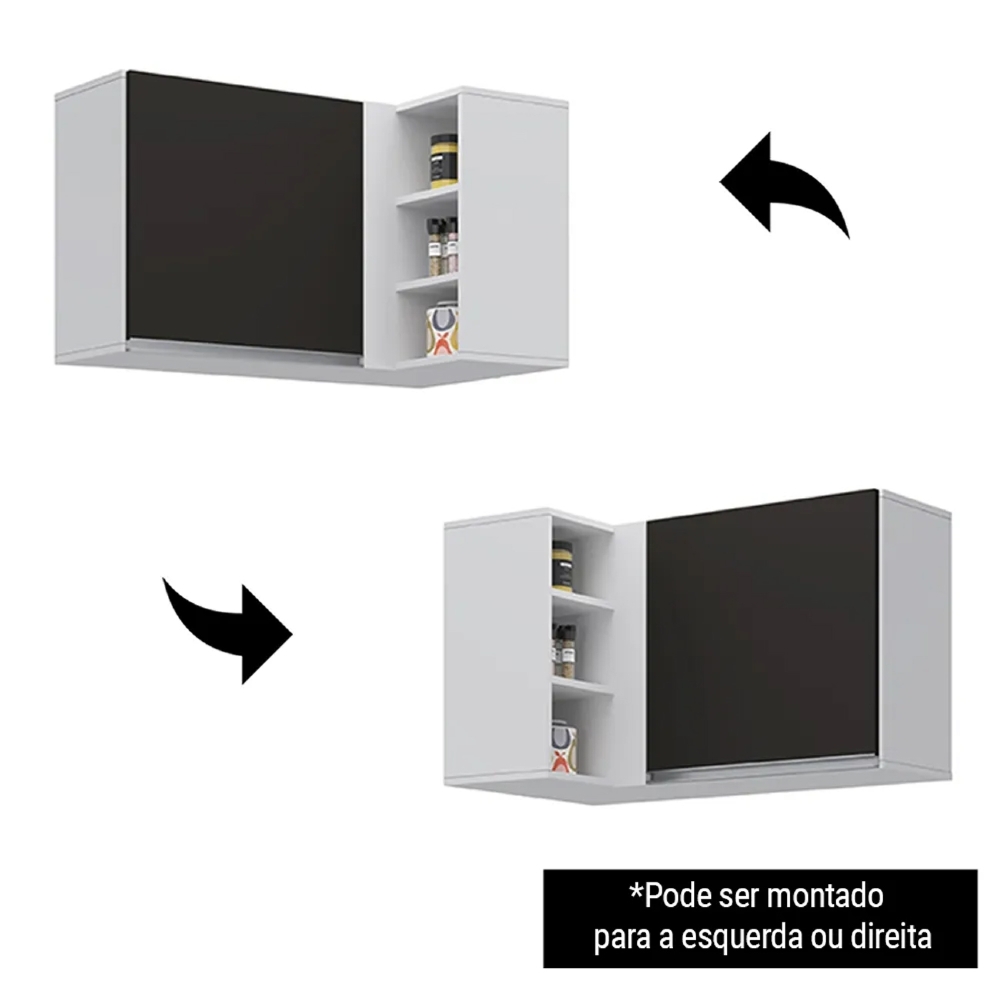 Armário Aéreo de Canto Reto Com Nicho Adega Austin Branco/Preto - Lumil