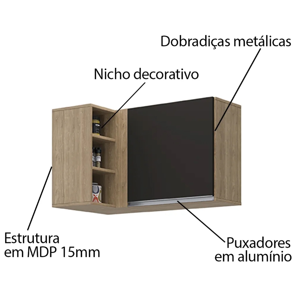 Armário Aéreo de Canto Reto Com Nicho Adega Austin Castanho/Preto - Lumil