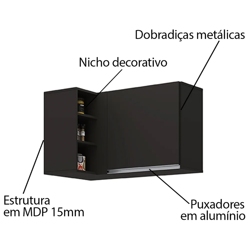 Armário Aéreo de Canto Reto Com Nicho Adega Austin Preto - Lumil