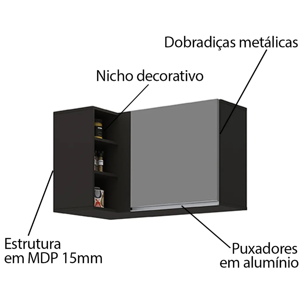 Armário Aéreo de Canto Reto Com Nicho Adega Austin Preto/Cinza - Lumil