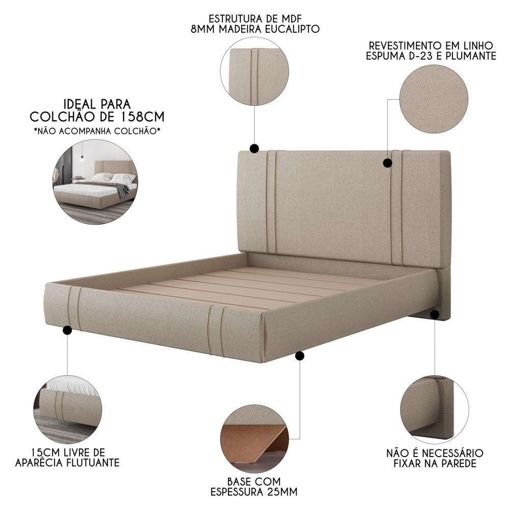 Cama Queen Flutuante Com Cabeceira 160cm Lyra S05 Linho Bege - Mpozenato