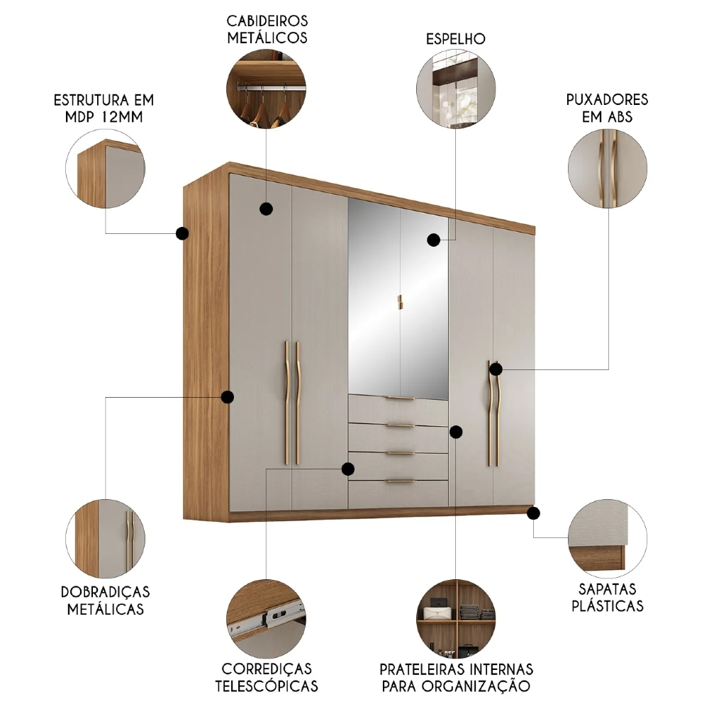 Guarda Roupa Casal 262cm Com Espelho Giard D02 Amêndola/Nude - Mpozenato