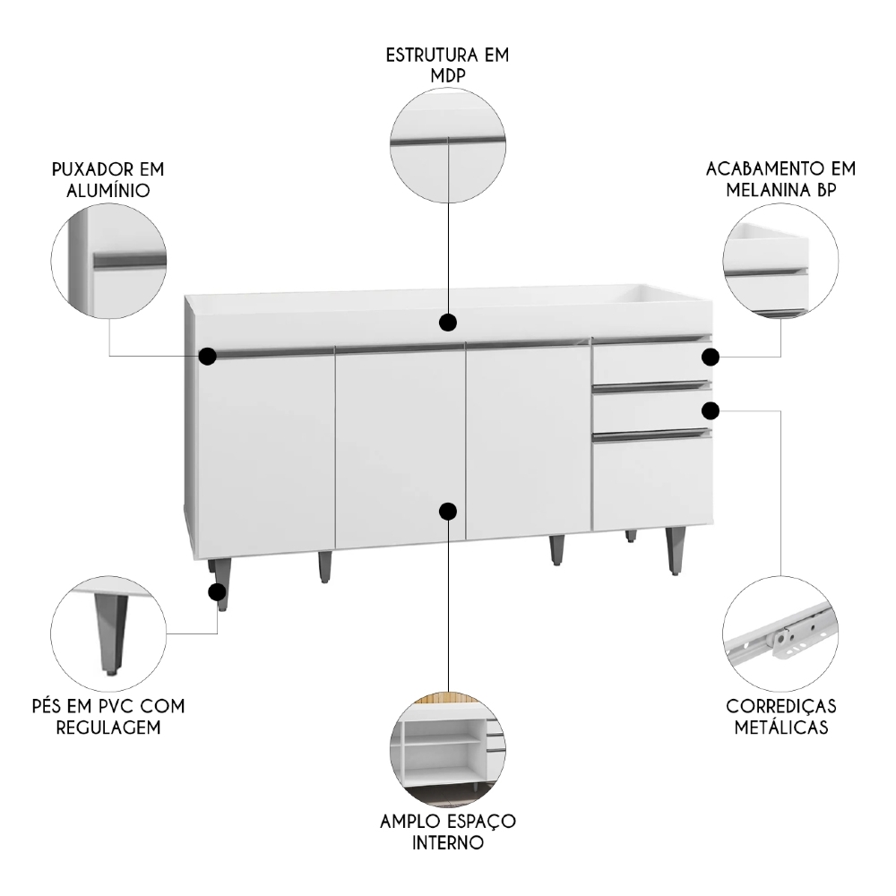 Balcão Gabinete para pia sem Tampo 150cm Marrocos Branco - Lumil