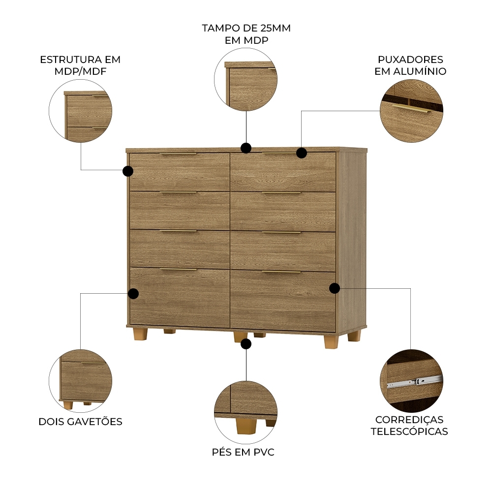 Cômoda Quarto 121cm 8 Gavetas Delmont Nature V02 - Mpozenato