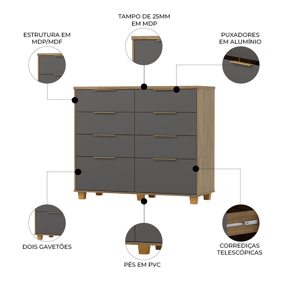 Cômoda Quarto 121cm 8 Gavetas Delmont Nature/Alasca V02 - Mpozenato