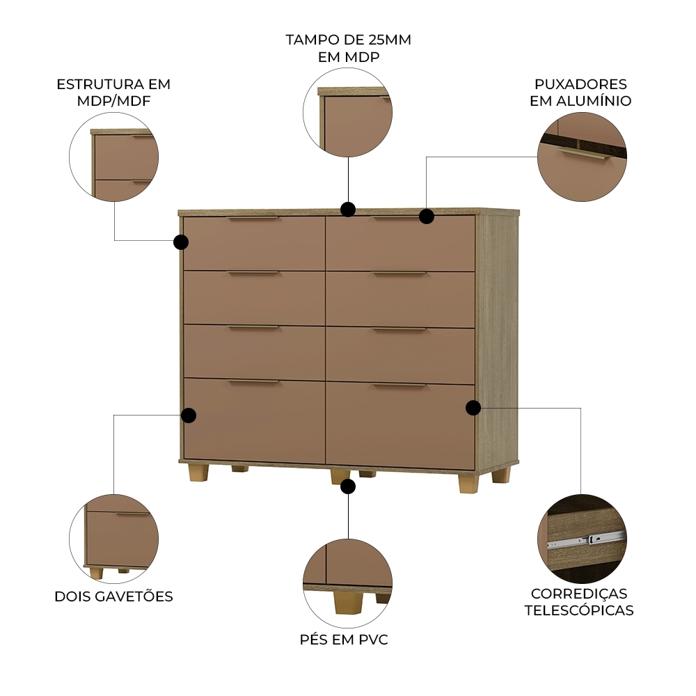 Cômoda Quarto 121cm 8 Gavetas Delmont Nature/Camarim V02 - Mpozenato