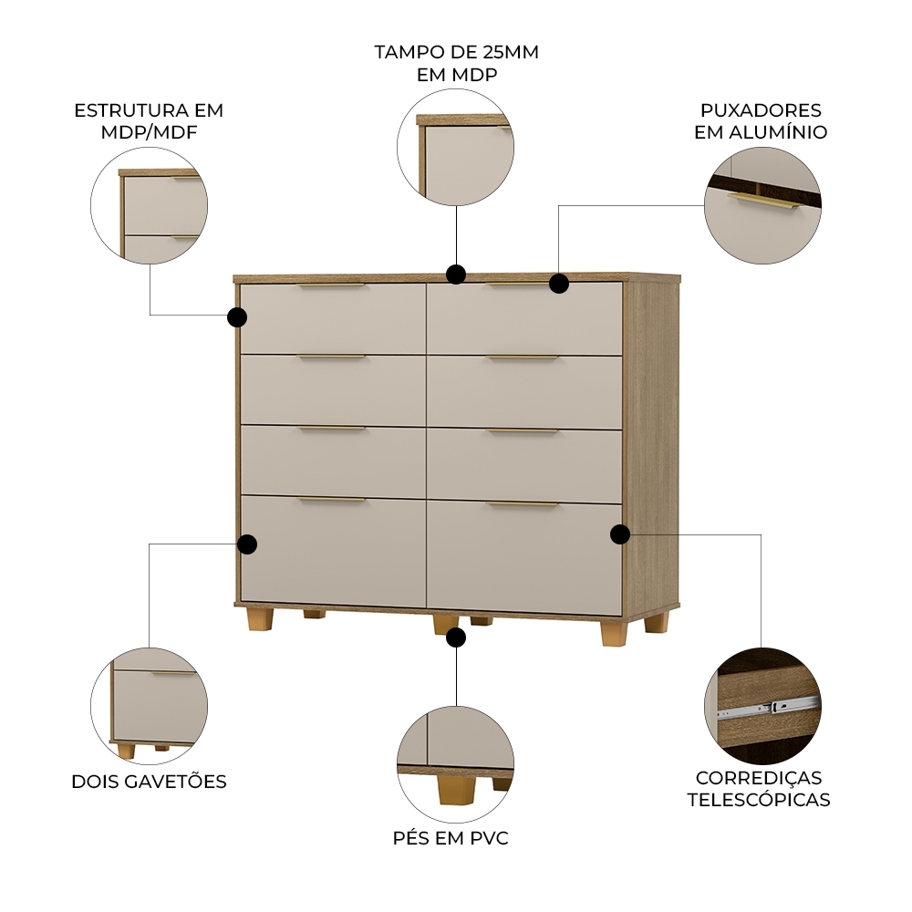 Cômoda Quarto 121cm 8 Gavetas Delmont Nature/Fendi V02 - Mpozenato