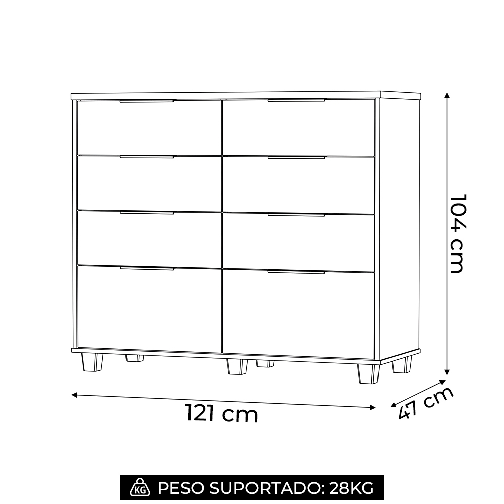 Cômoda Quarto 121cm 8 Gavetas Delmont Nature/Fendi V02 - Mpozenato