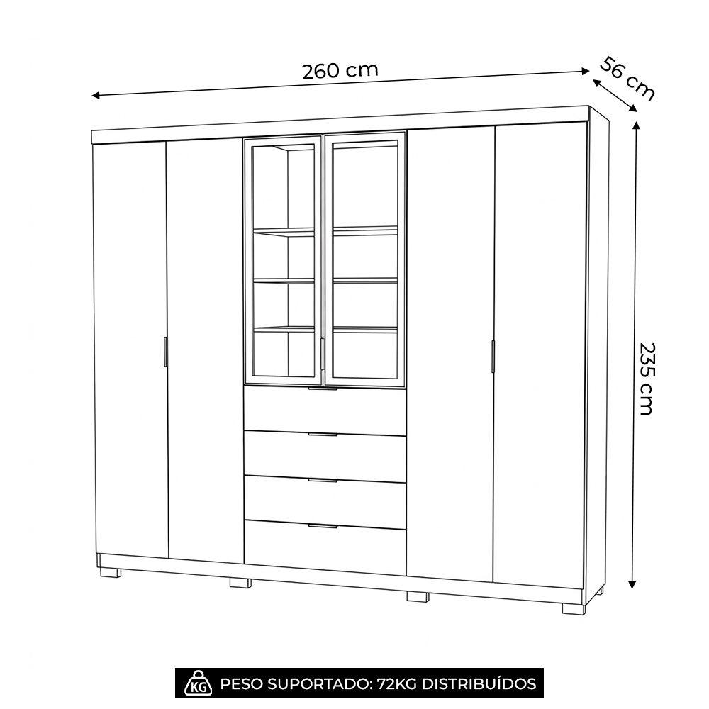 Guarda Roupa Casal 260cm Vidro Reflecta Vonn Nature/Fendi V02 - Mpozenato