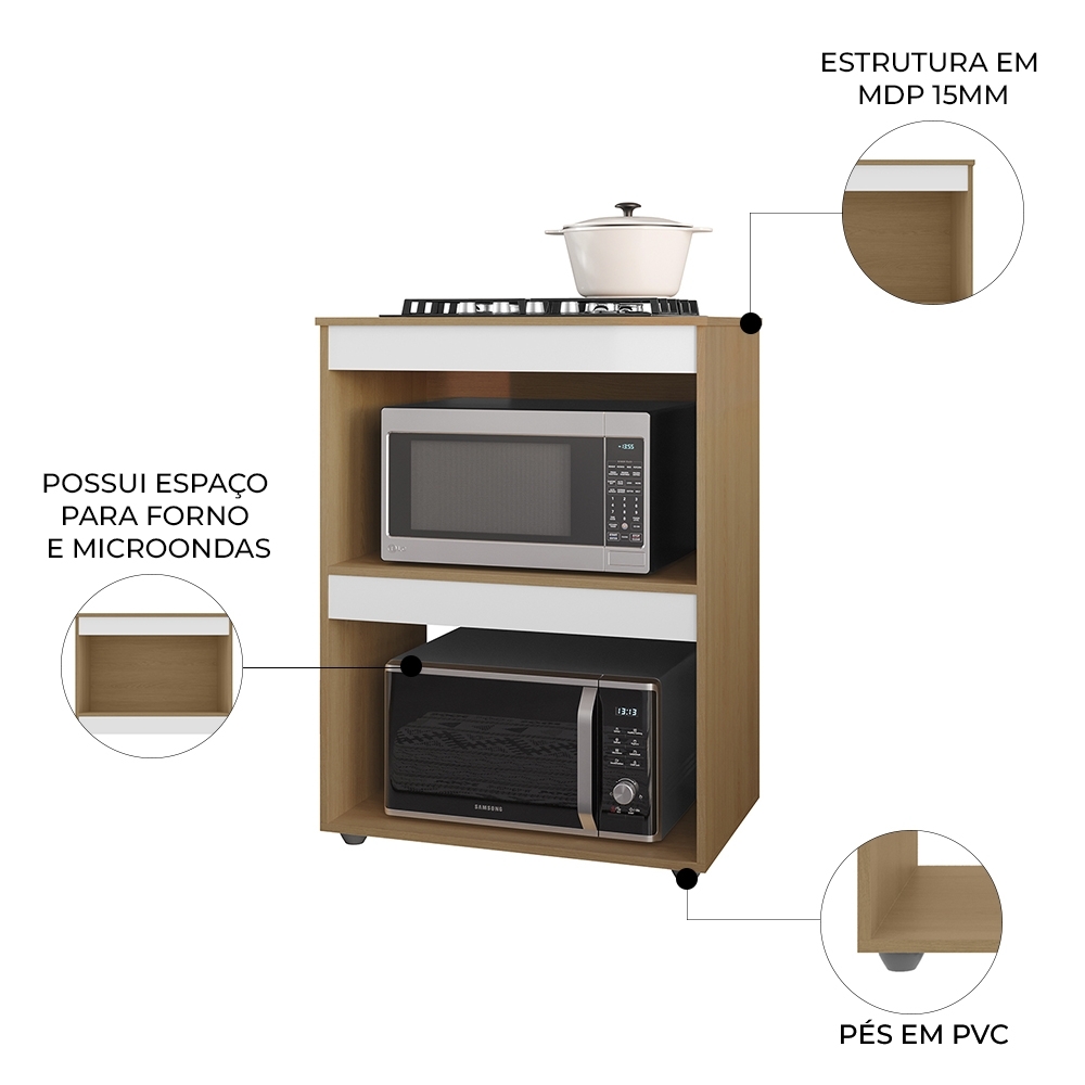 Balcão Para Cooktop e Forno Microondas 75cm Adriana Amêndoa/Branco - AJL Móveis