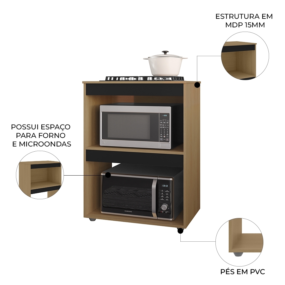 Balcão Para Cooktop e Forno Microondas 75cm Adriana Amêndoa/Preto - AJL Móveis