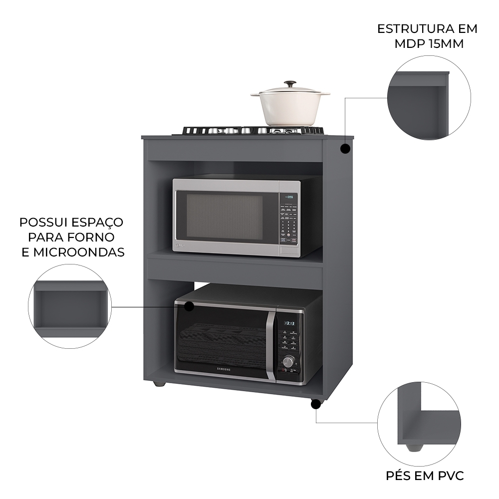 Balcão Para Cooktop e Forno Microondas 75cm Adriana Cinza - AJL Móveis