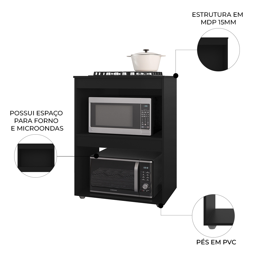 Balcão Para Cooktop e Forno Microondas 75cm Adriana Preto - AJL Móveis
