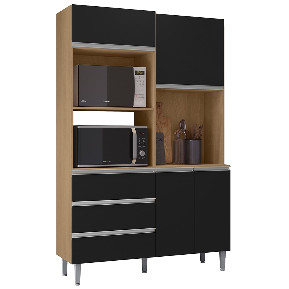 Armário de Cozinha Compacta 120cm 4 Portas Livia Amêndoa/Preto - AJL Móveis