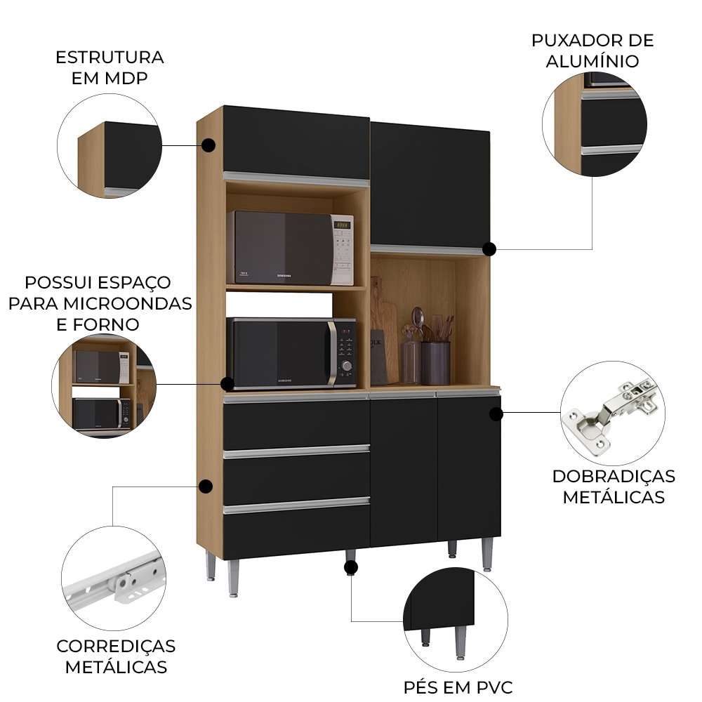 Armário de Cozinha Compacta 120cm 4 Portas Livia Amêndoa/Preto - AJL Móveis