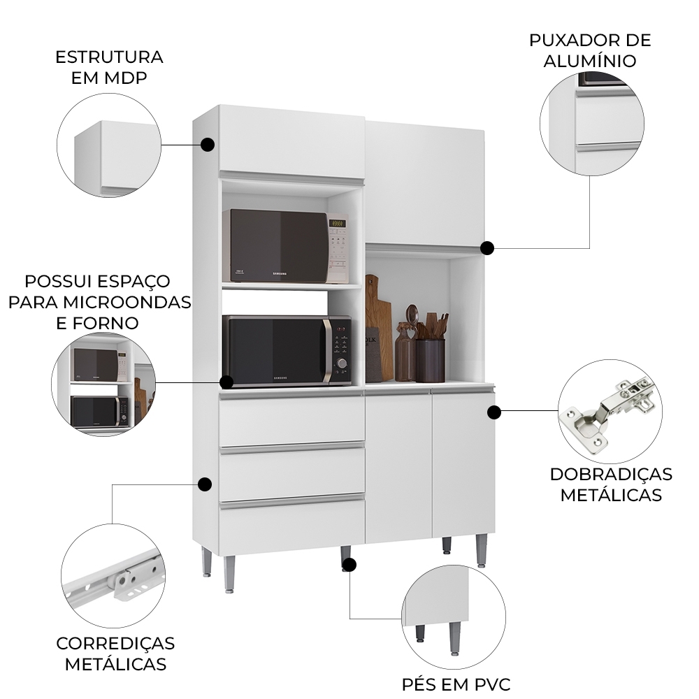 Armário de Cozinha Compacta 120cm 4 Portas Livia Branco - AJL Móveis