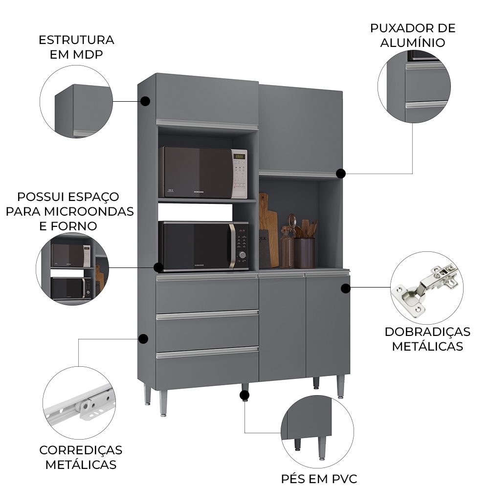 Armário de Cozinha Compacta 120cm 4 Portas Livia Cinza - AJL Móveis