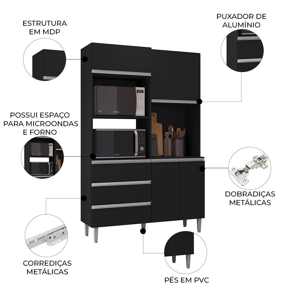 Armário de Cozinha Compacta 120cm 4 Portas Livia Preto - AJL Móveis