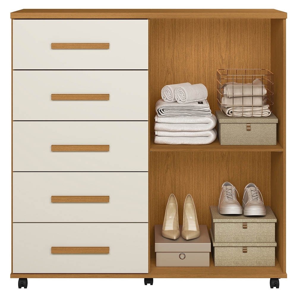 Cômoda Quarto 120cm 5 Gavetas 2 Portas Torena Cinamono/Off A02 - Mpozenato