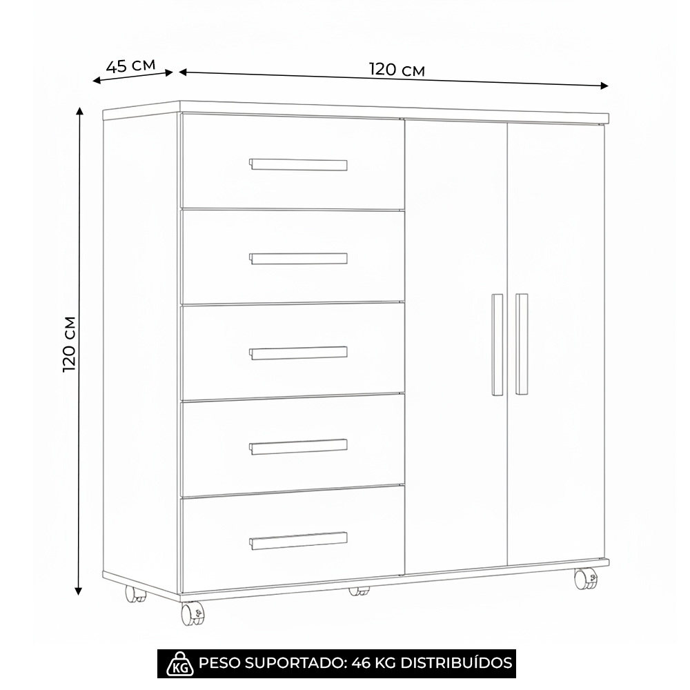 Cômoda Quarto 120cm 5 Gavetas 2 Portas Torena Cinamono/Off A02 - Mpozenato