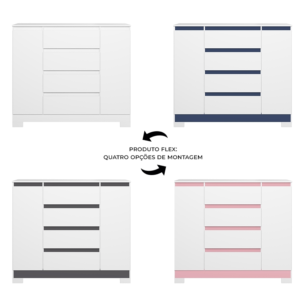 Cômoda Quarto Sapateira 112cm Selene Flex Branco/Titanium/Rosa/Azul A02 - Mpozenato