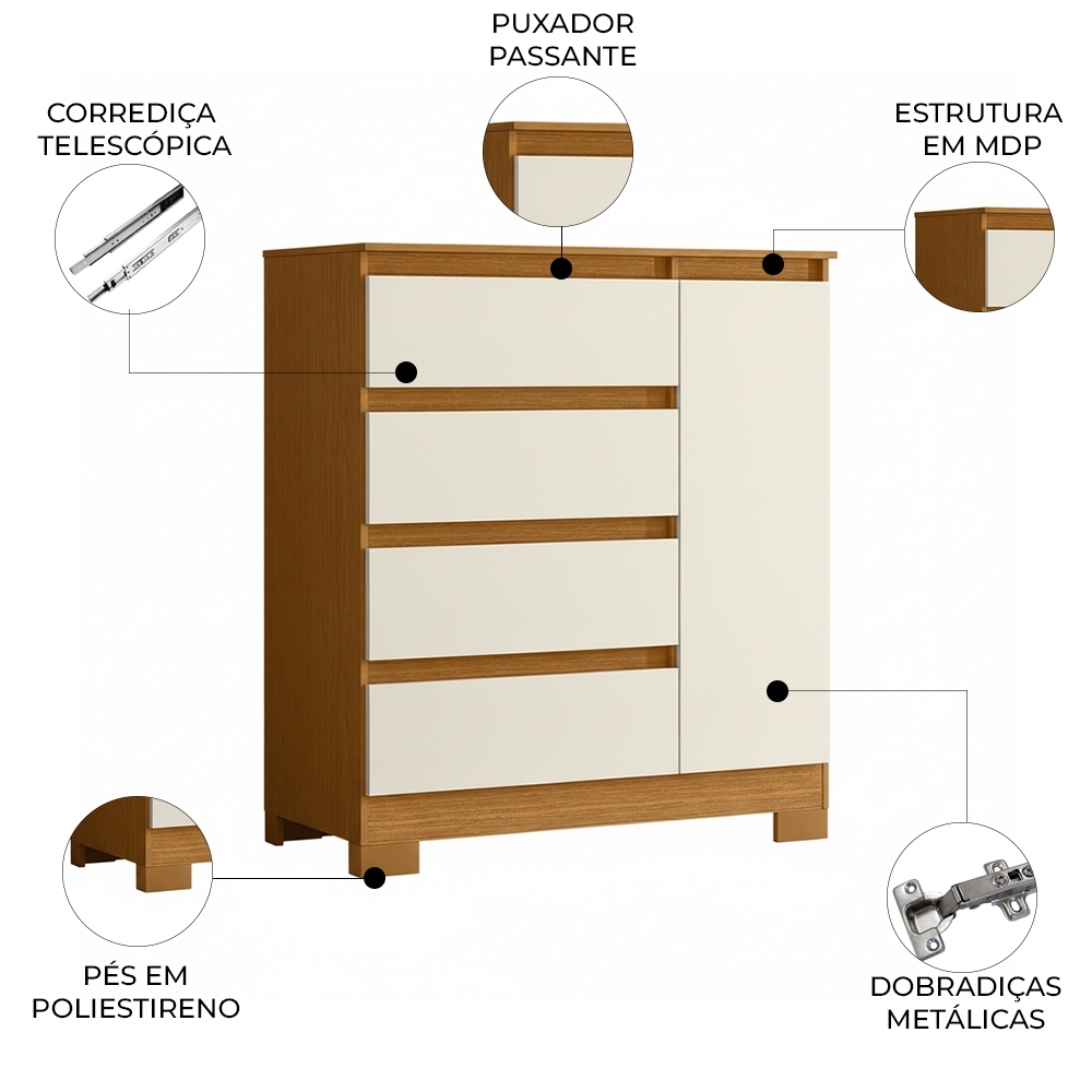 Cômoda Quarto Sapateira 84cm Lipion Cinamomo/Off A02 - Mpozenato