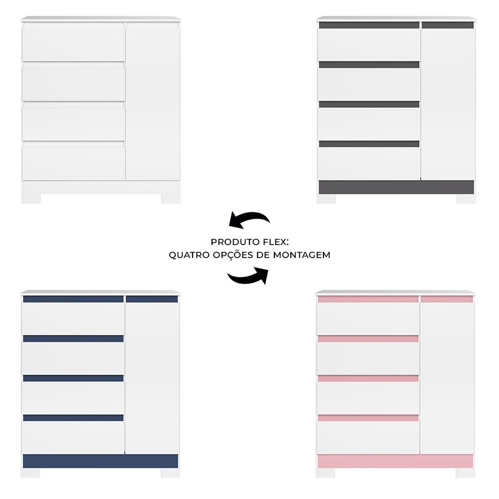 Cômoda Quarto Sapateira 84cm Lipion Flex Branco/Titanium/Rosa/Azul A02 - Mpozenato