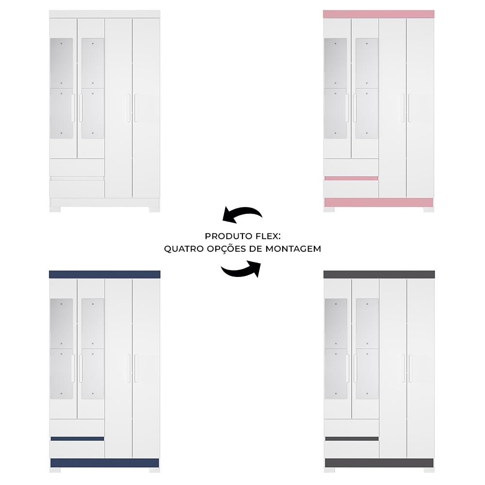 Guarda Roupa Casal 103cm  Espelho Lipion Flex Branco/Titanium/Rosa/Azul A02 - Mpozenato