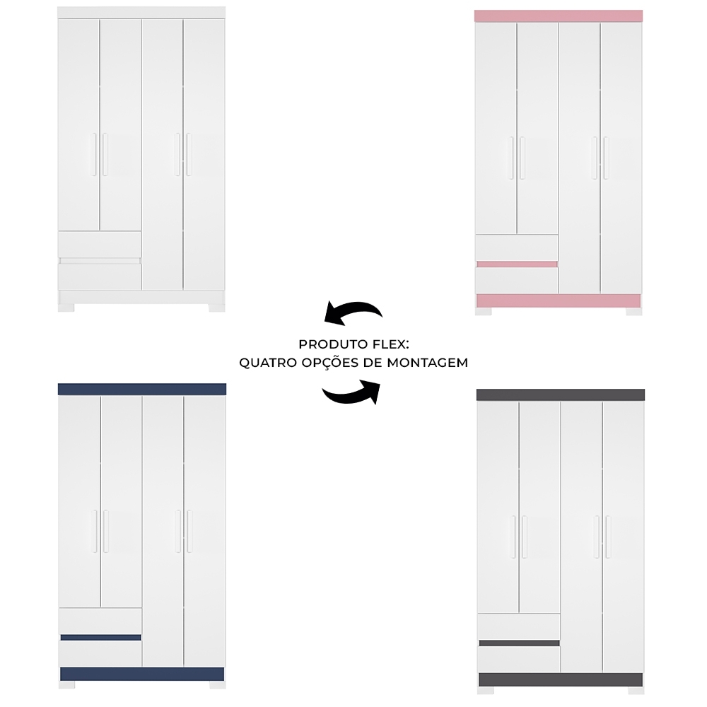 Guarda Roupa Casal 103cm 4 Portas Lipion Flex Branco/Titanium/Rosa/Azul A02 - Mpozenato