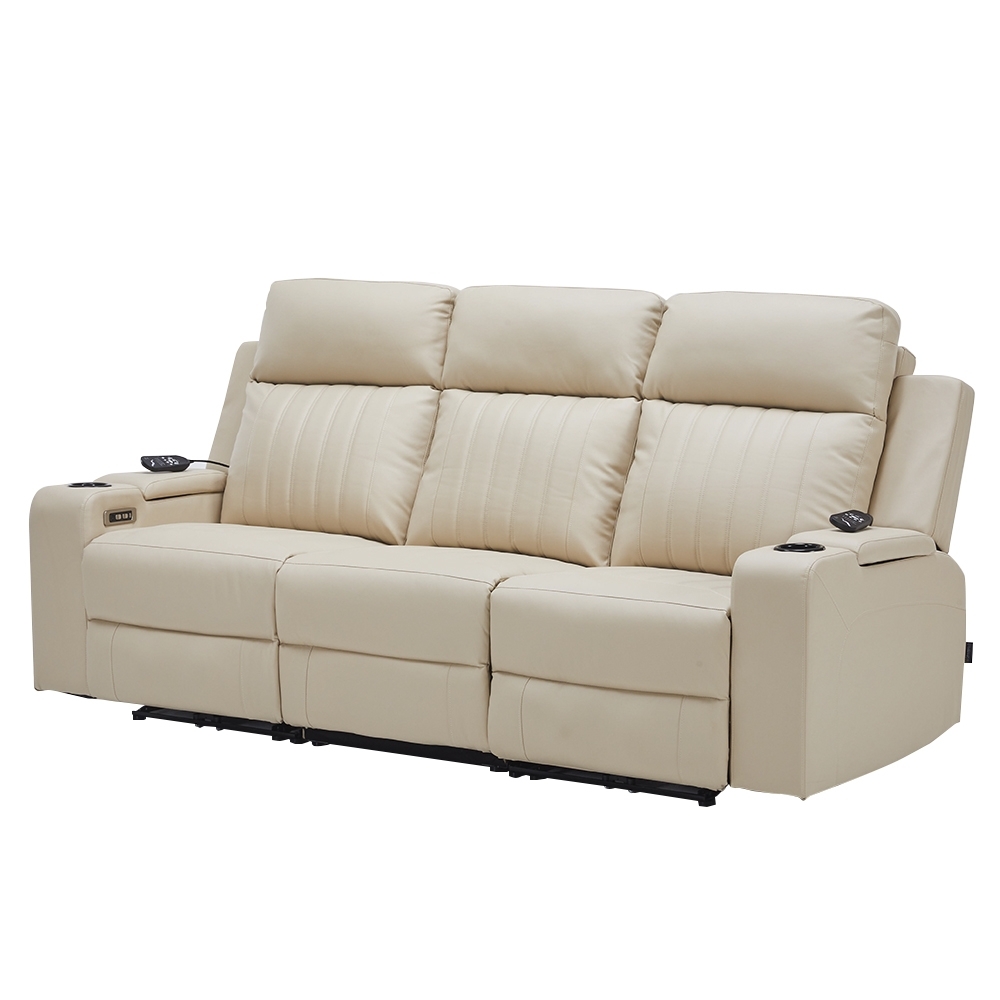 Poltrona Reclinável Cinema 3 Lugares Baú USB PU Moscou Sintético Bege Z57 - Mpozenato