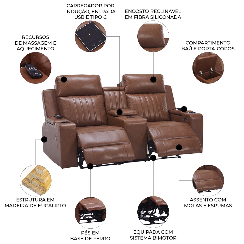 Poltrona Reclinável Cinema 2 Lugares Baú USB PU Moscou Sintético Camel Z57 - Mpozenato