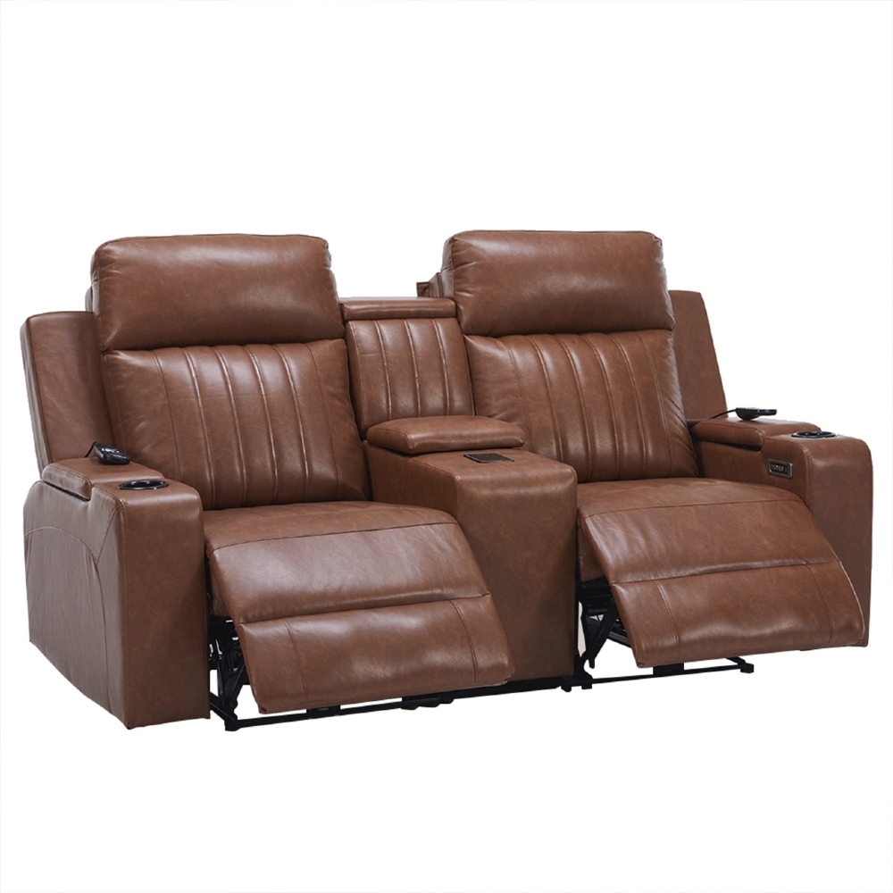 Poltrona Reclinável Cinema 2 Lugares Baú USB PU Moscou Sintético Camel Z57 - Mpozenato