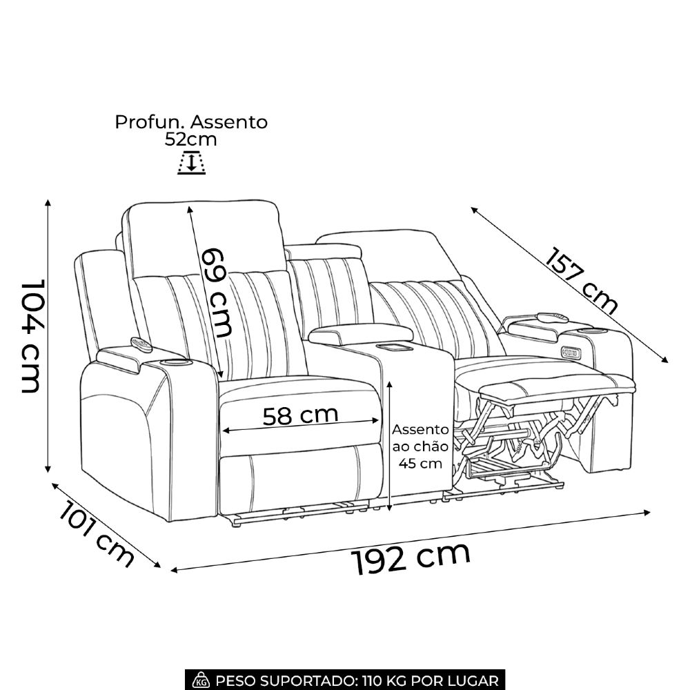 Poltrona Reclinável Cinema 2 Lugares Baú USB PU Moscou Sintético Camel Z57 - Mpozenato