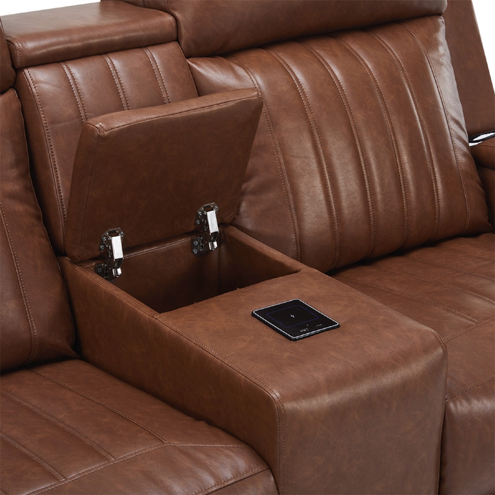 Poltrona Reclinável Cinema 2 Lugares Baú USB PU Moscou Sintético Camel Z57 - Mpozenato