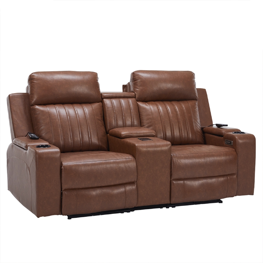 Poltrona Reclinável Cinema 2 Lugares Baú USB PU Moscou Sintético Camel Z57 - Mpozenato