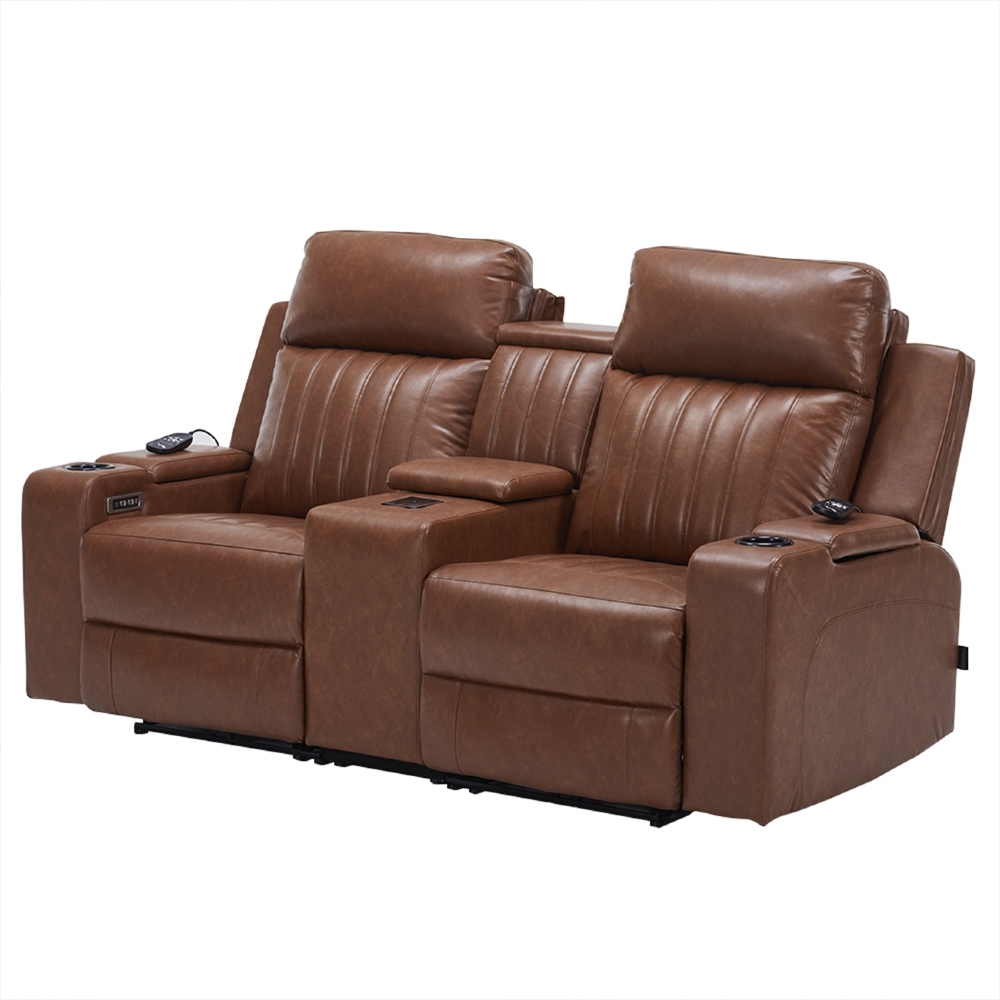 Poltrona Reclinável Cinema 2 Lugares Baú USB PU Moscou Sintético Camel Z57 - Mpozenato