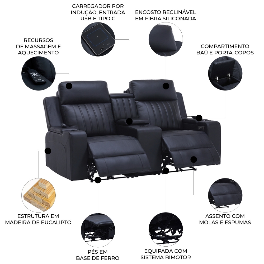 Poltrona Reclinável Cinema 2 Lugares Baú USB PU Moscou Sintético Preto Z57 - Mpozenato