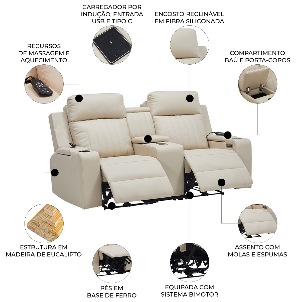 Poltrona Reclinável Cinema 2 Lugares Baú USB PU Moscou Sintético Bege Z57 - Mpozenato