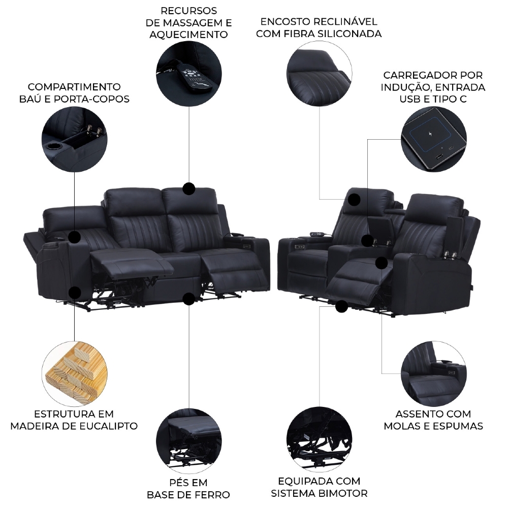 Poltrona Reclinável Cinema 2 e 3 Lugares Baú USB PU Moscou Sintético Preto Z57 - Mpozenato